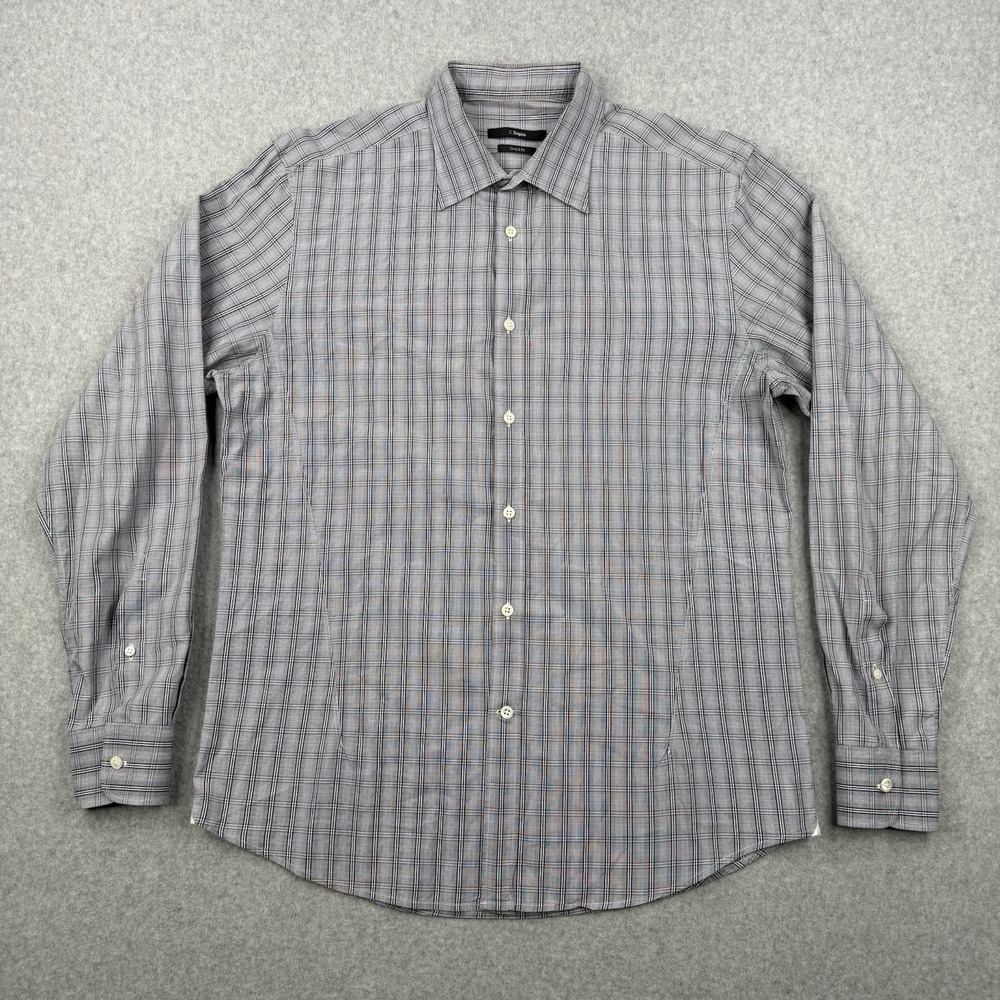 Z‎ Zegna Shirt Mens 17.5 44 Gray Plaid Dress Shirt Drop 8 Fit Button Up Cotton